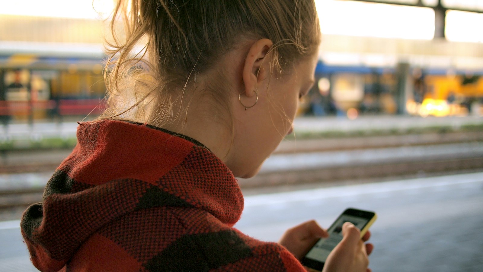 電車内でスマートフォンを見る人物